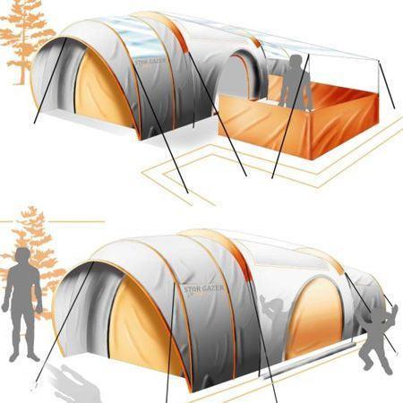 帐篷[撑在地上遮蔽风雨﹑日光并供临时居住的棚子]